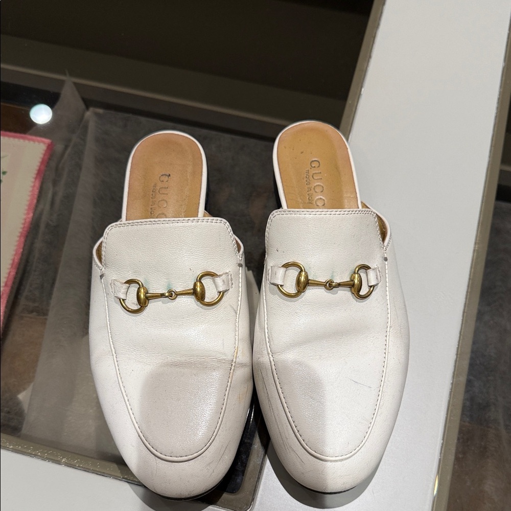 Be Inspired Women's White Leather Mules with Gold Detail